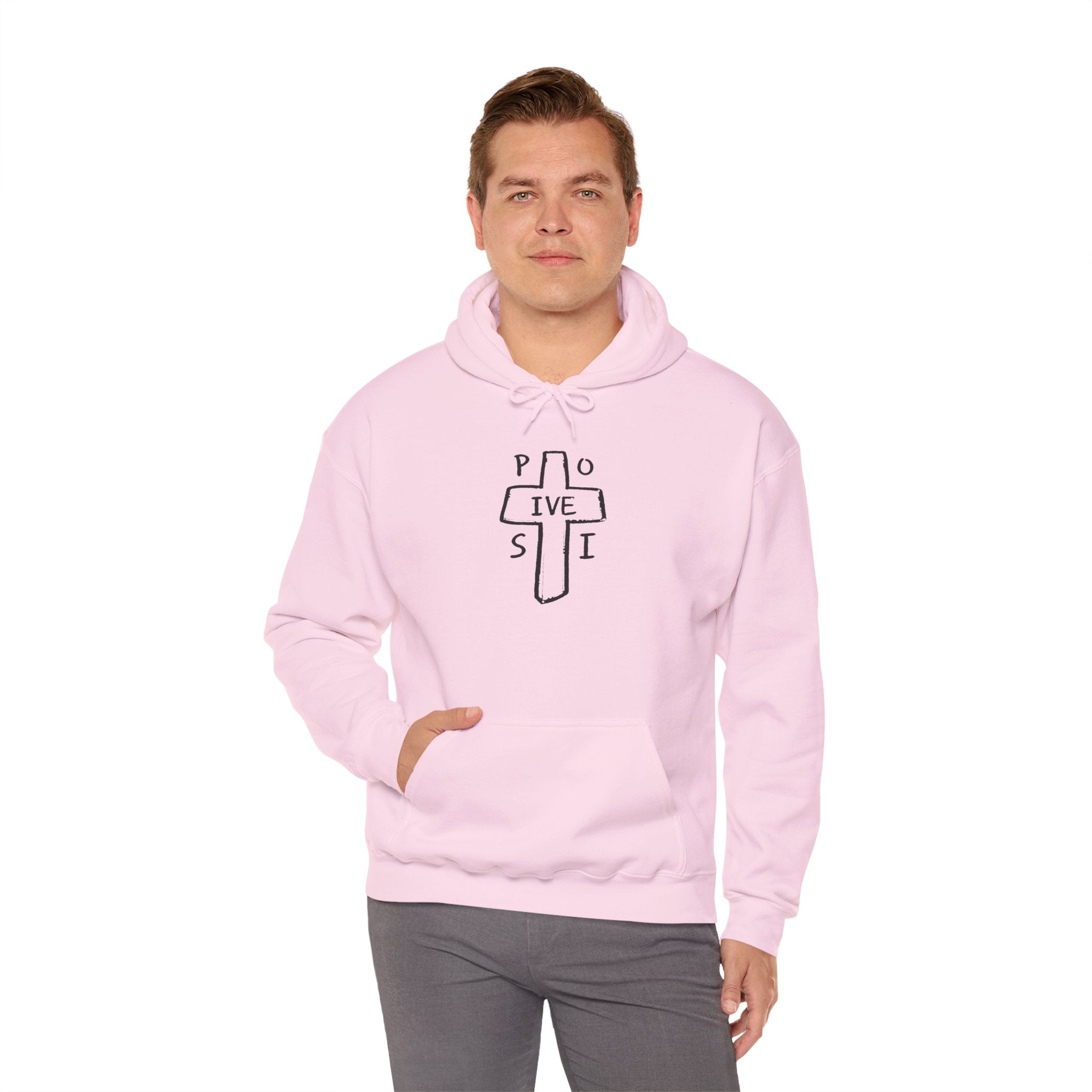 Christian Cross 'P O S I T I V E' Minimalist Hoodie — Positive Faith Graphic Sweatshirt