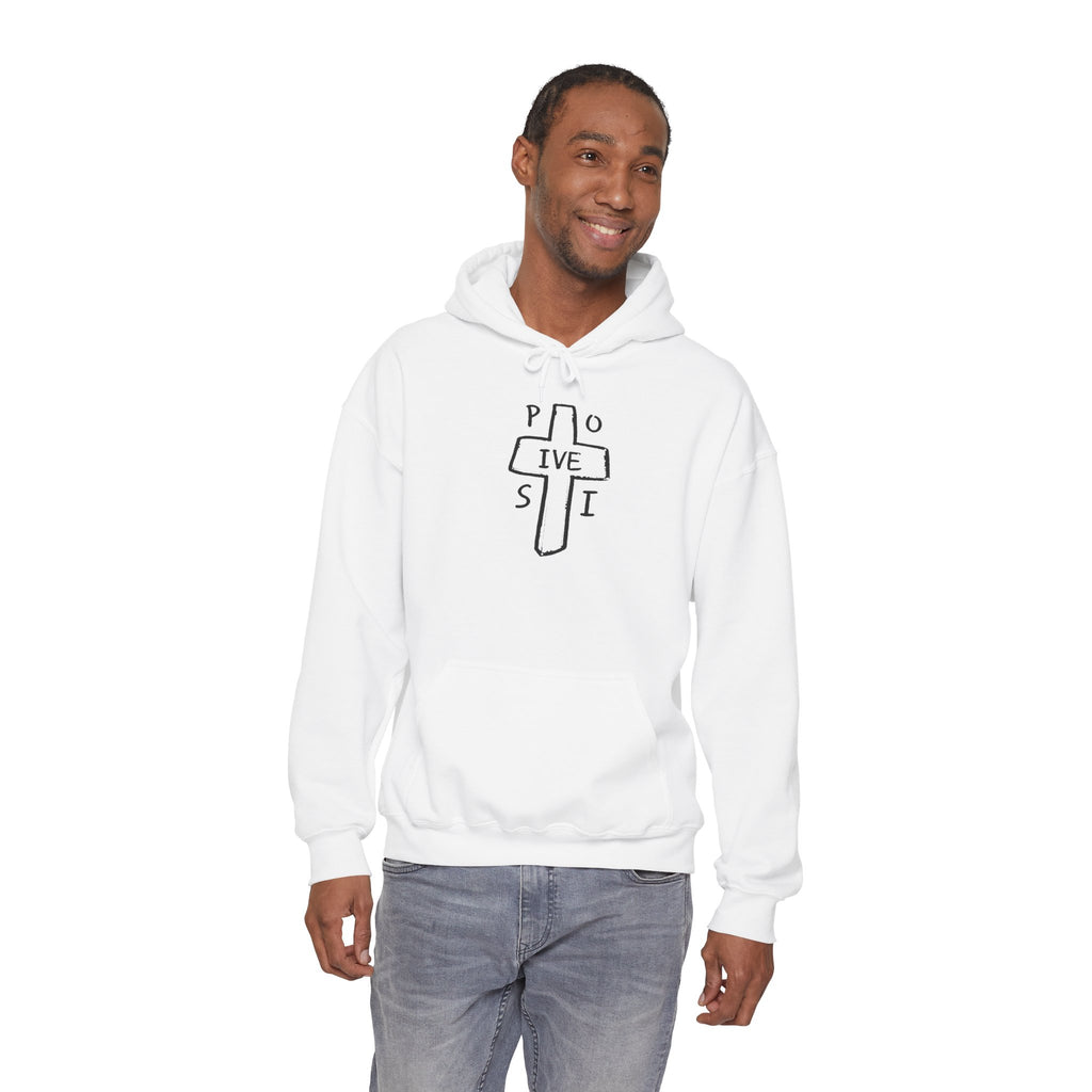 Christian Cross 'P O S I T I V E' Minimalist Hoodie — Positive Faith Graphic Sweatshirt
